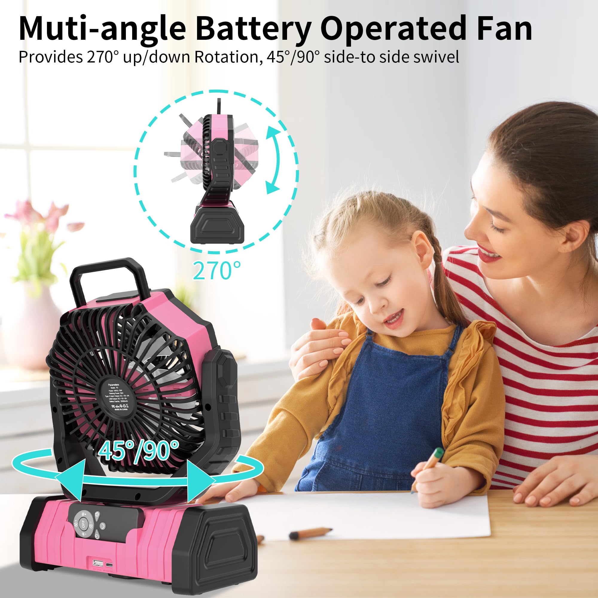 Rechargeable Camping Fan with LED Light – Portable Battery Powered Emergency Fan with 360° Oscillation, Hook & 8H Timer