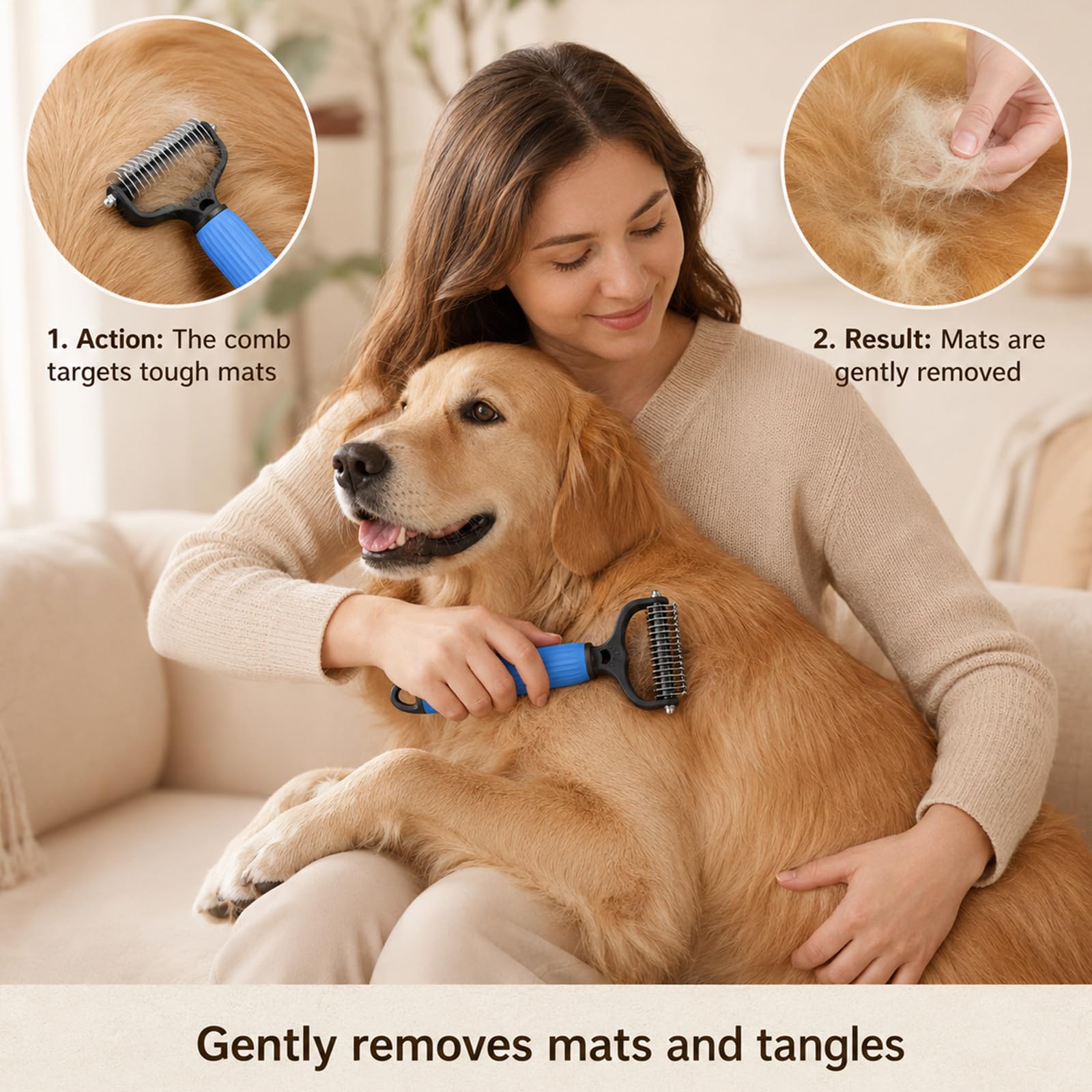 Pet Dematting & Deshedding Brush – Removes Knots, Tangles & Loose Fur for Dogs & Cats