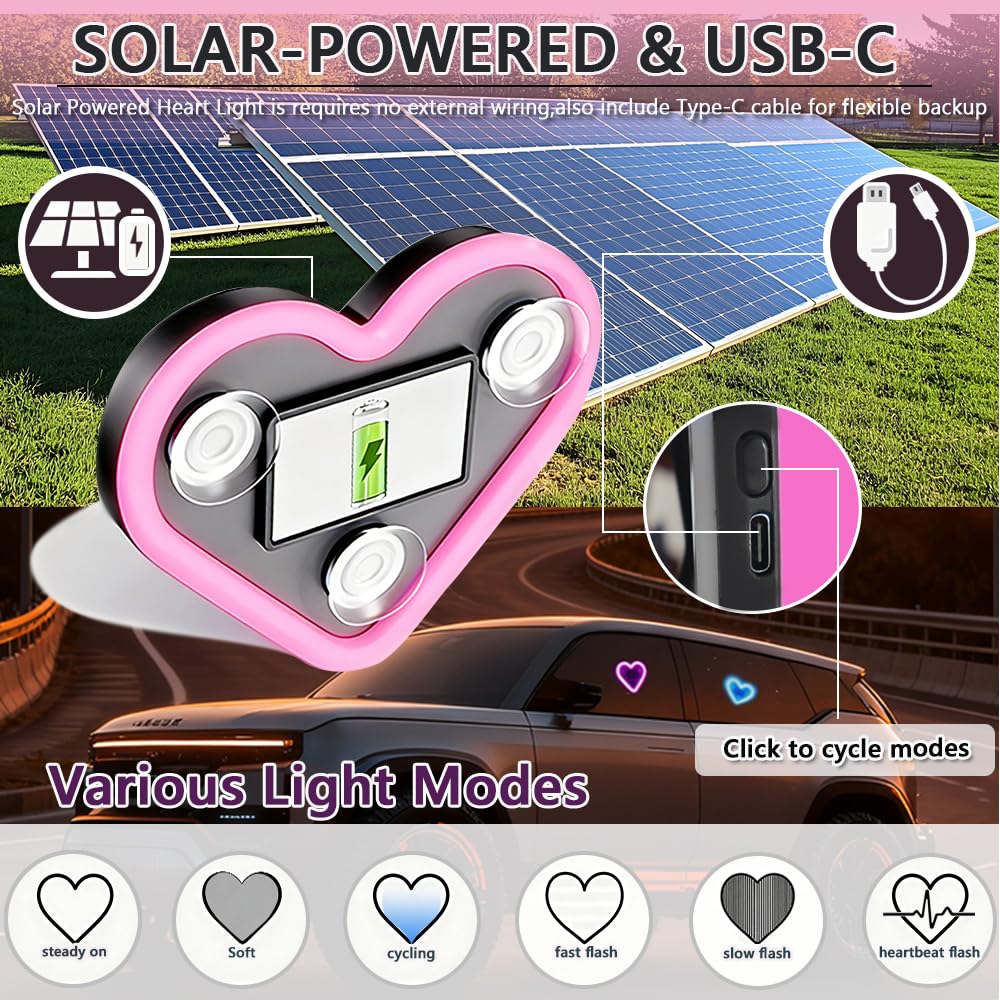 2PCS Heart-Shaped Car Ambient Lights – Solar Powered Pink LED Interior Decor