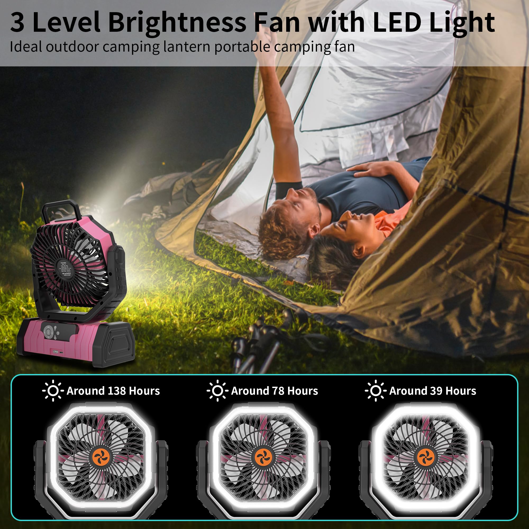 Rechargeable Camping Fan with LED Light – Portable Battery Powered Emergency Fan with 360° Oscillation, Hook & 8H Timer