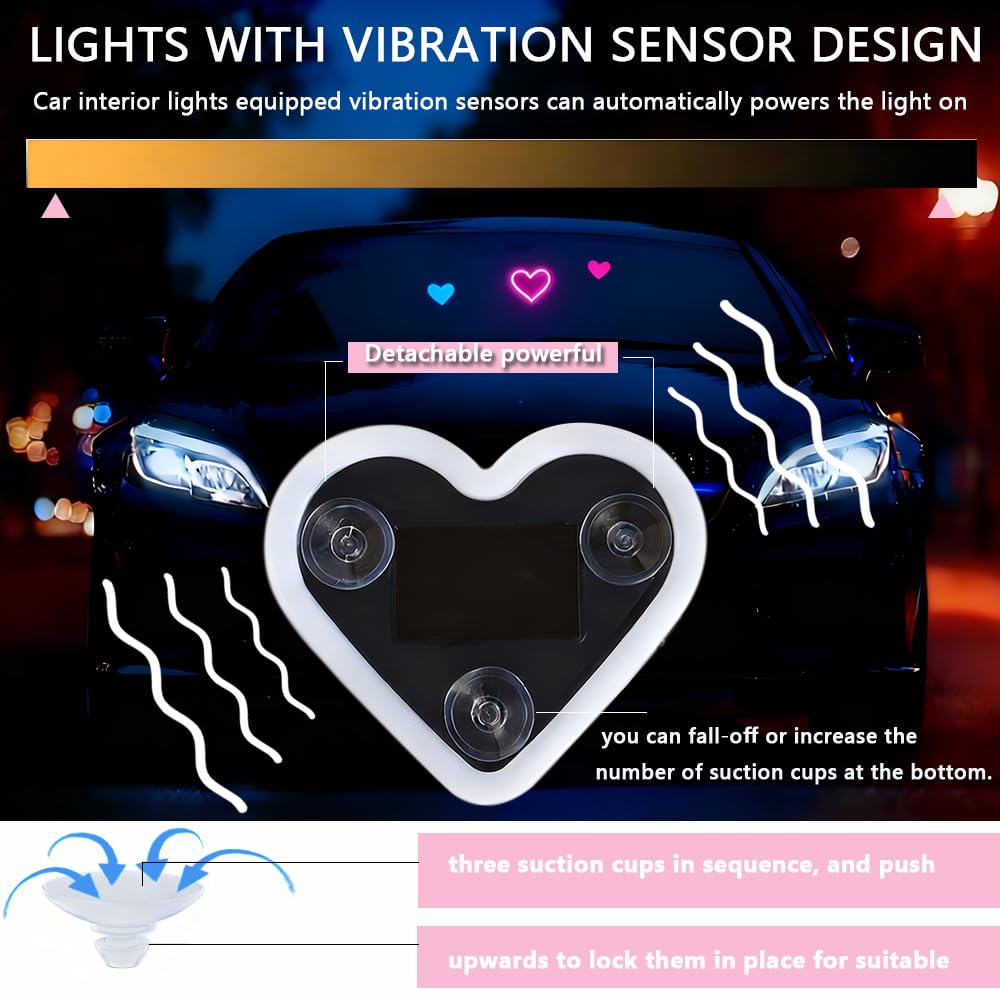 2PCS Heart-Shaped Car Ambient Lights – Solar Powered Pink LED Interior Decor