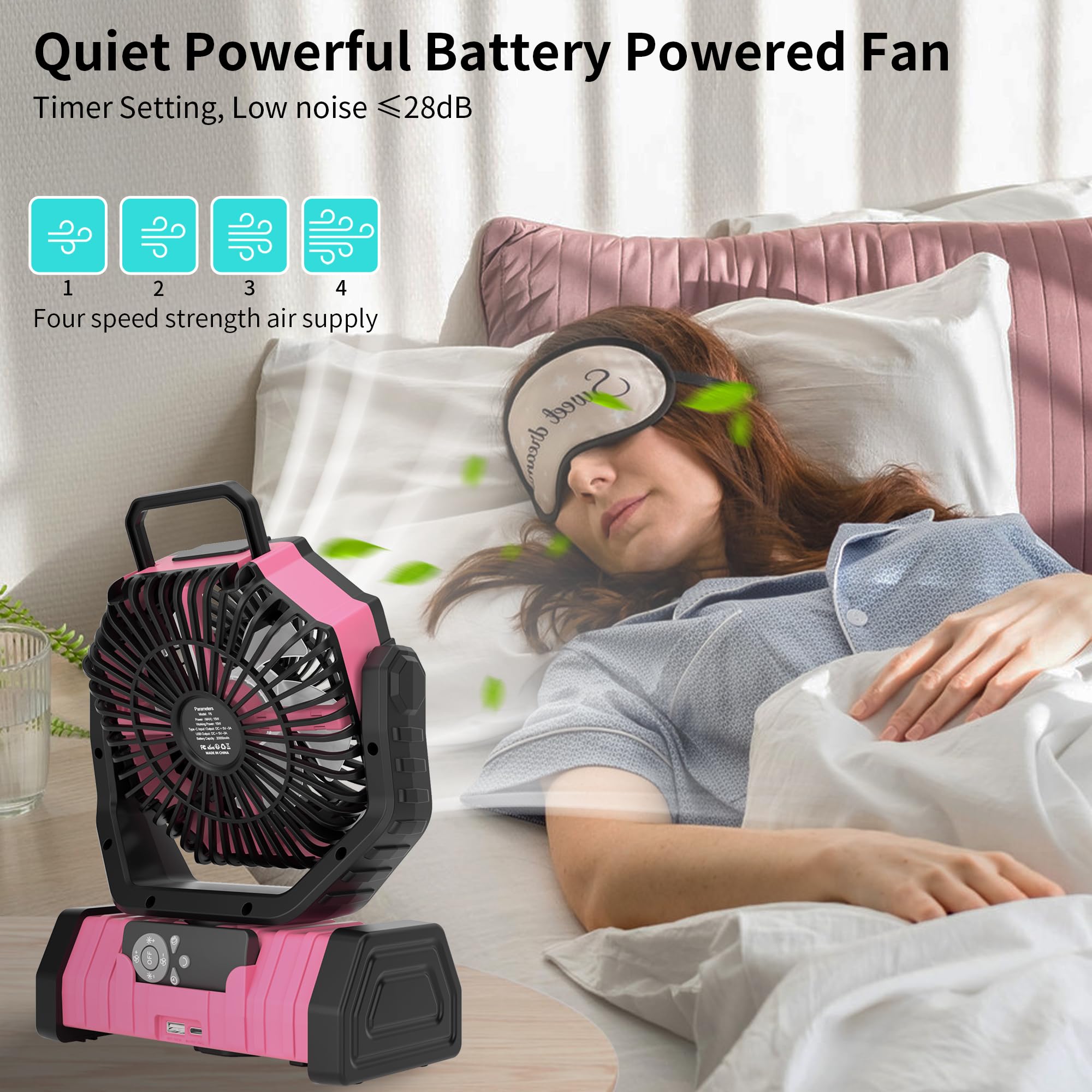 Rechargeable Camping Fan with LED Light – Portable Battery Powered Emergency Fan with 360° Oscillation, Hook & 8H Timer