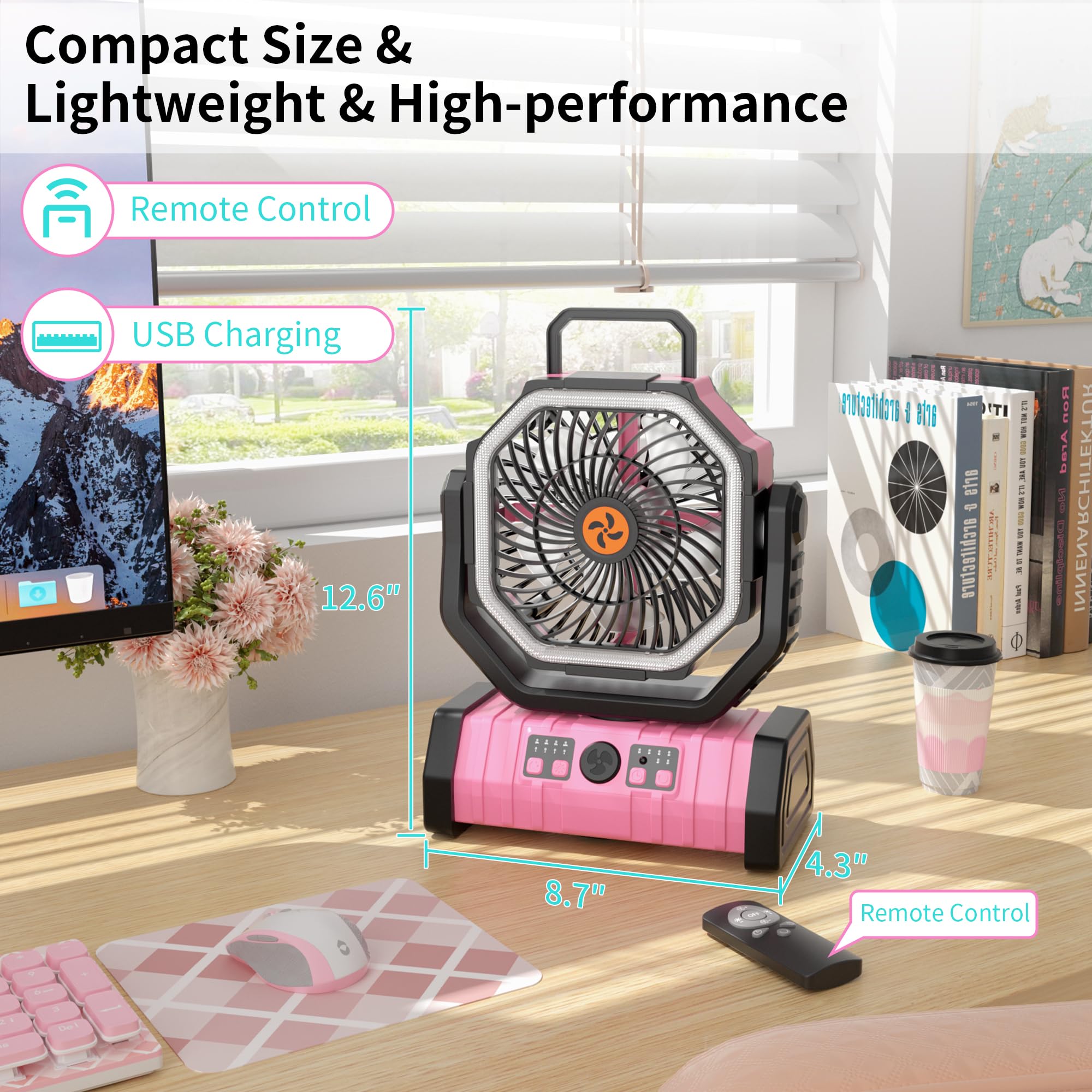 Rechargeable Camping Fan with LED Light – Portable Battery Powered Emergency Fan with 360° Oscillation, Hook & 8H Timer