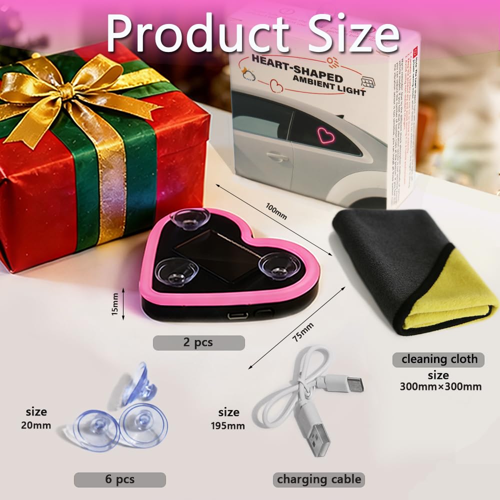2PCS Heart-Shaped Car Ambient Lights – Solar Powered Pink LED Interior Decor