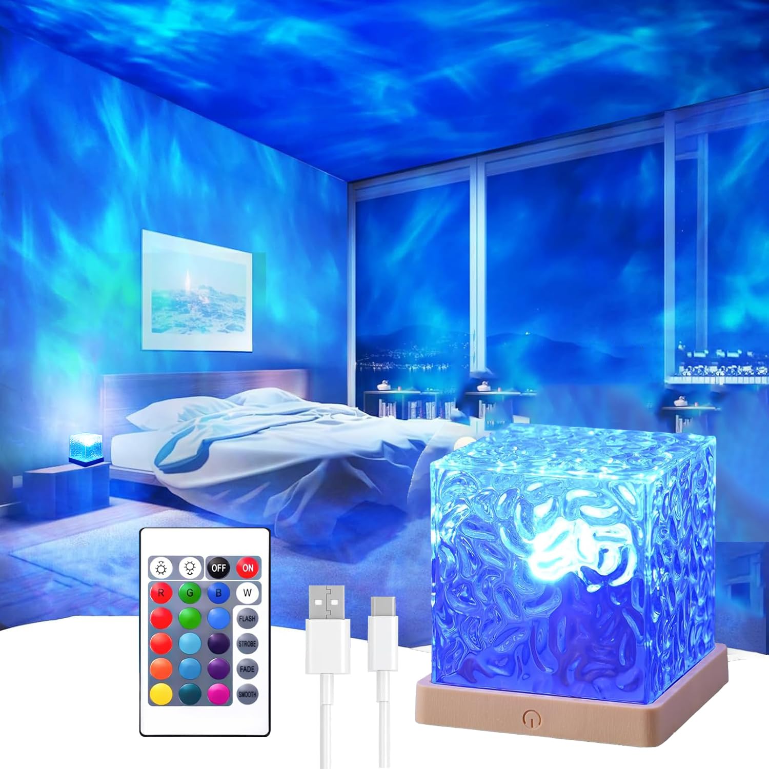 Ocean Wave LED Projector – 16-Color 3D Water Ripple Night Light with Remote for Bedroom, Kids Room, Bathroom & Relaxation