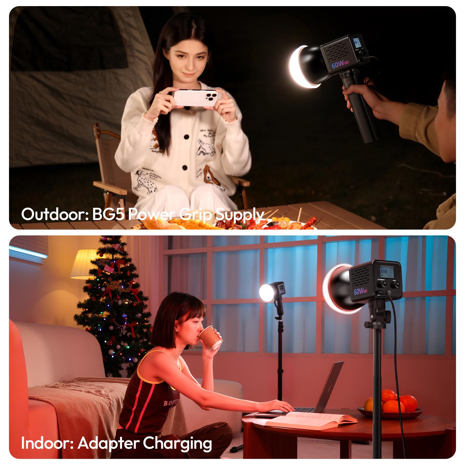 60W RGB Portable COB Video Light – Rechargeable Mini Bowens LED Photography Light with 20 FX Effects, 2500K–6500K & CRI95+