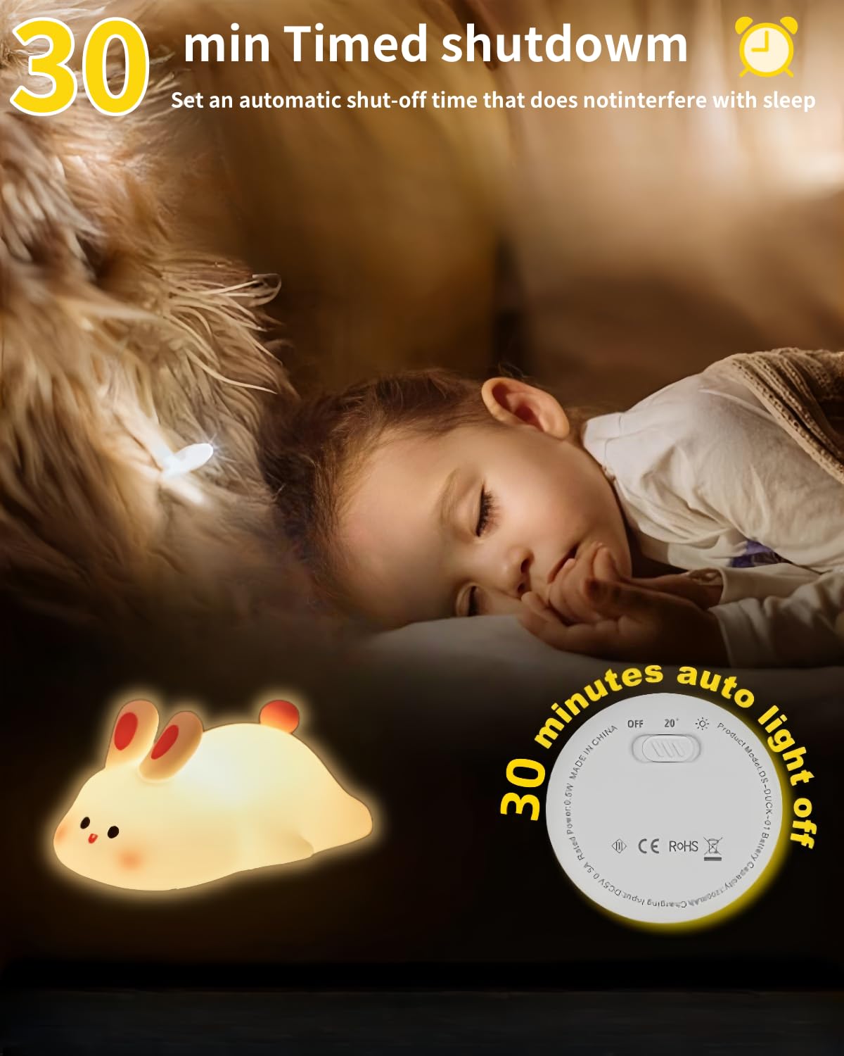 Cute Bunny Silicone Night Light – Rechargeable Squishy Rabbit Lamp with Touch Control & 30-Min Timer for Kids Bedroom & Nursery