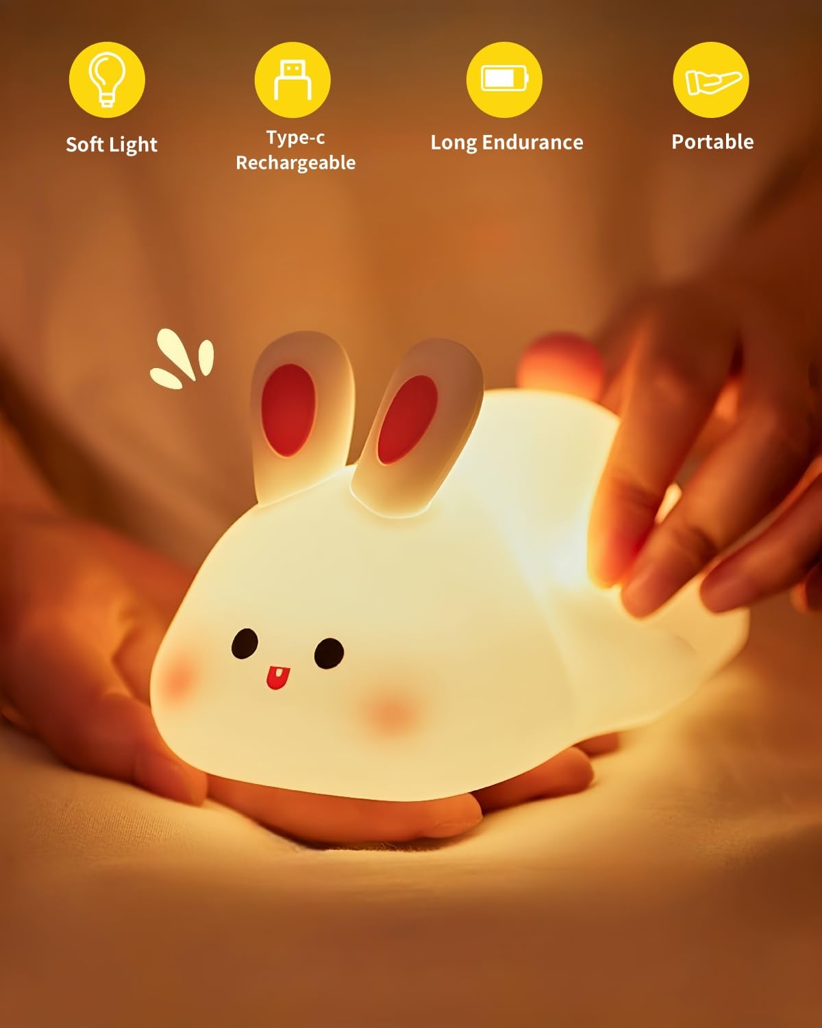 Cute Bunny Silicone Night Light – Rechargeable Squishy Rabbit Lamp with Touch Control & 30-Min Timer for Kids Bedroom & Nursery