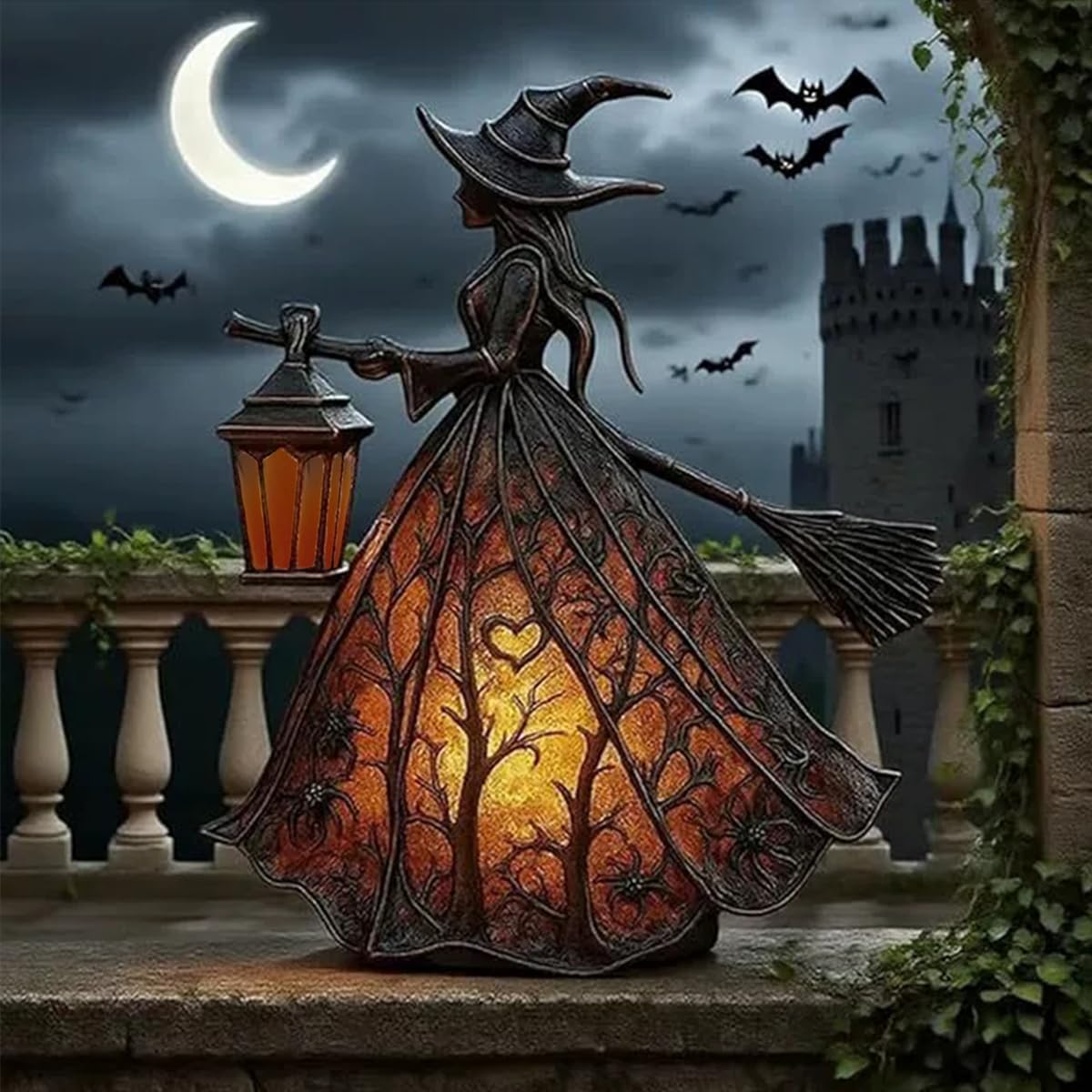 Halloween Witch Lantern Lamp – Gothic Spooky Night Light with USB Plug for Indoor & Outdoor Halloween Decorations