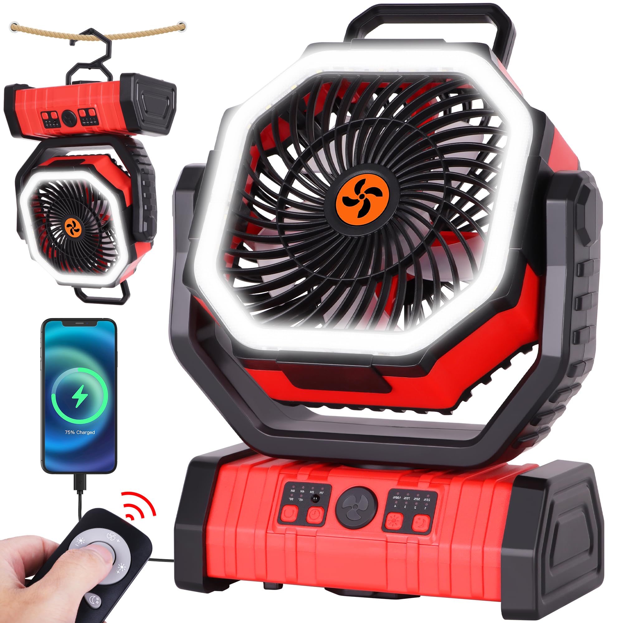 Rechargeable Camping Fan with LED Light – Portable Battery Powered Emergency Fan with 360° Oscillation, Hook & 8H Timer