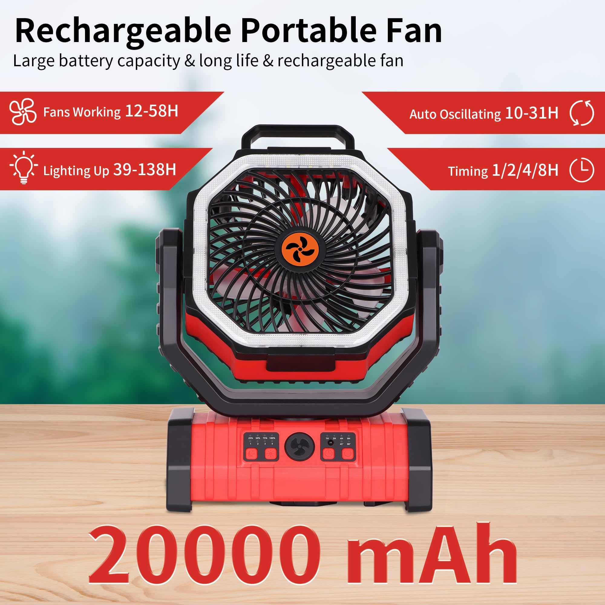 Rechargeable Camping Fan with LED Light – Portable Battery Powered Emergency Fan with 360° Oscillation, Hook & 8H Timer