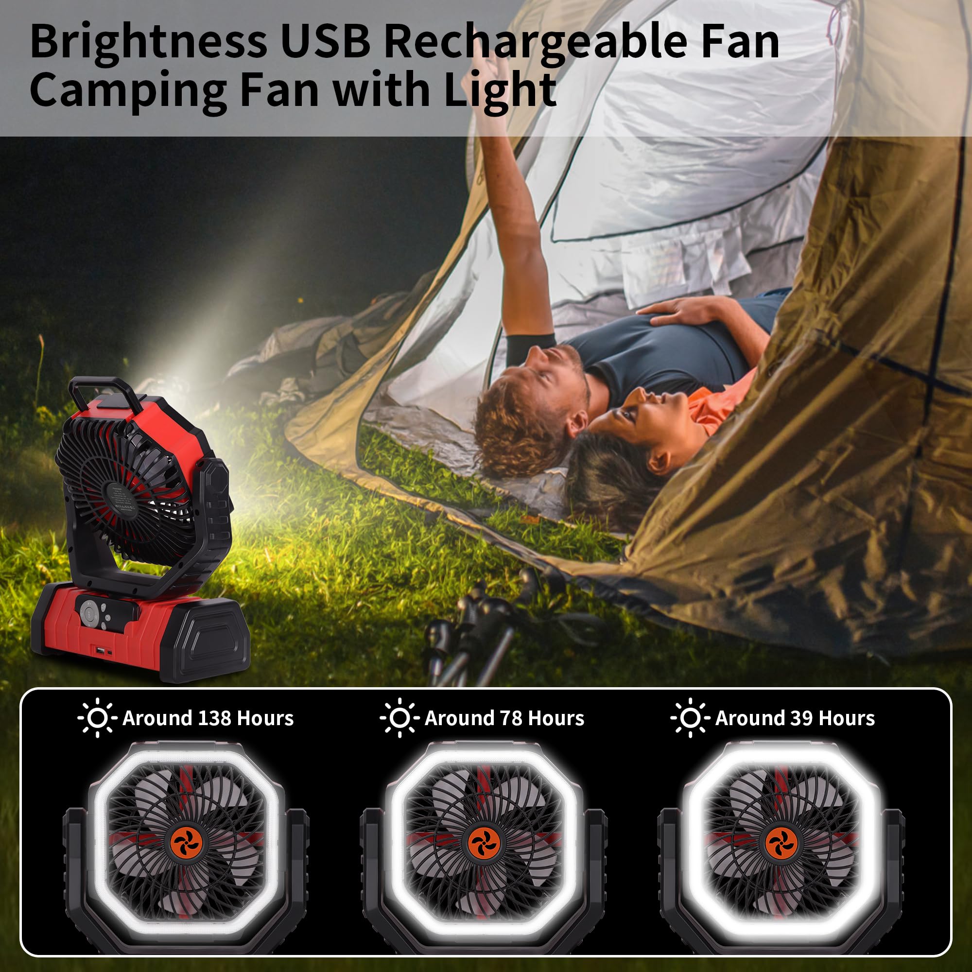 Rechargeable Camping Fan with LED Light – Portable Battery Powered Emergency Fan with 360° Oscillation, Hook & 8H Timer