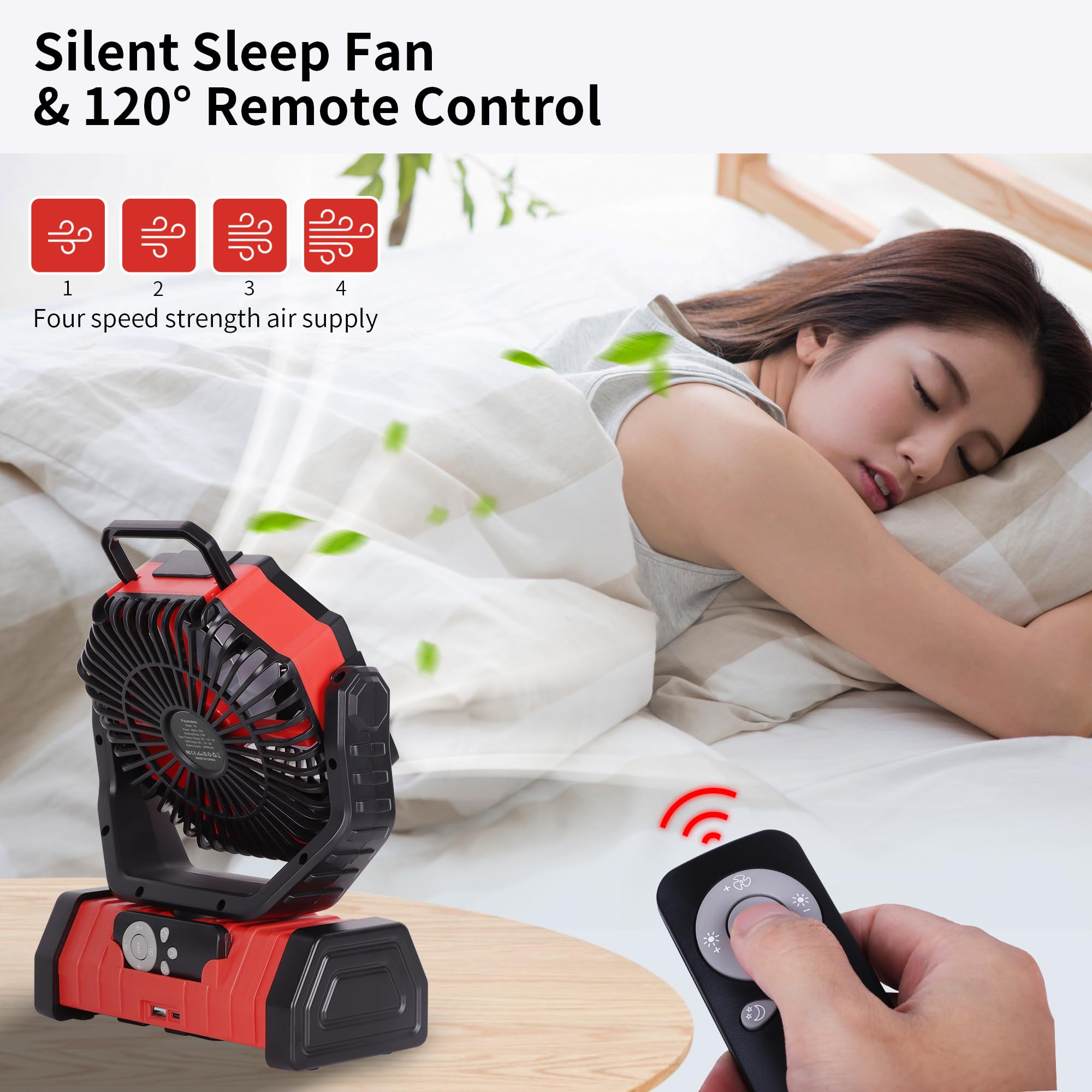 Rechargeable Camping Fan with LED Light – Portable Battery Powered Emergency Fan with 360° Oscillation, Hook & 8H Timer