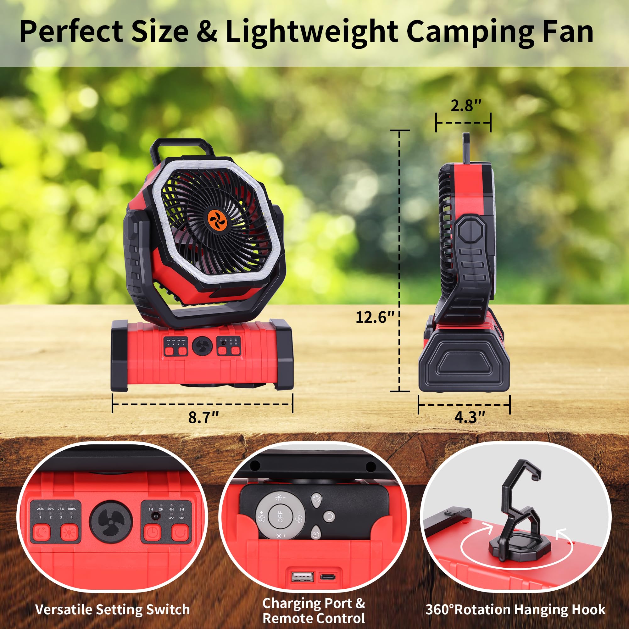 Rechargeable Camping Fan with LED Light – Portable Battery Powered Emergency Fan with 360° Oscillation, Hook & 8H Timer