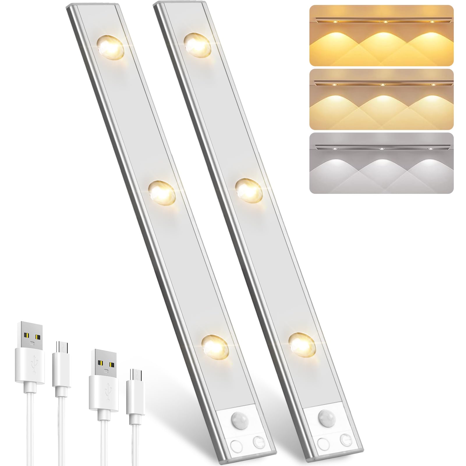 2-Pack Rechargeable Motion Sensor Under Cabinet Lights – Wireless 3-Color Dimmable LED Lights with Cat Eye Glow for Cabinets, Wine Racks & Display Shelves
