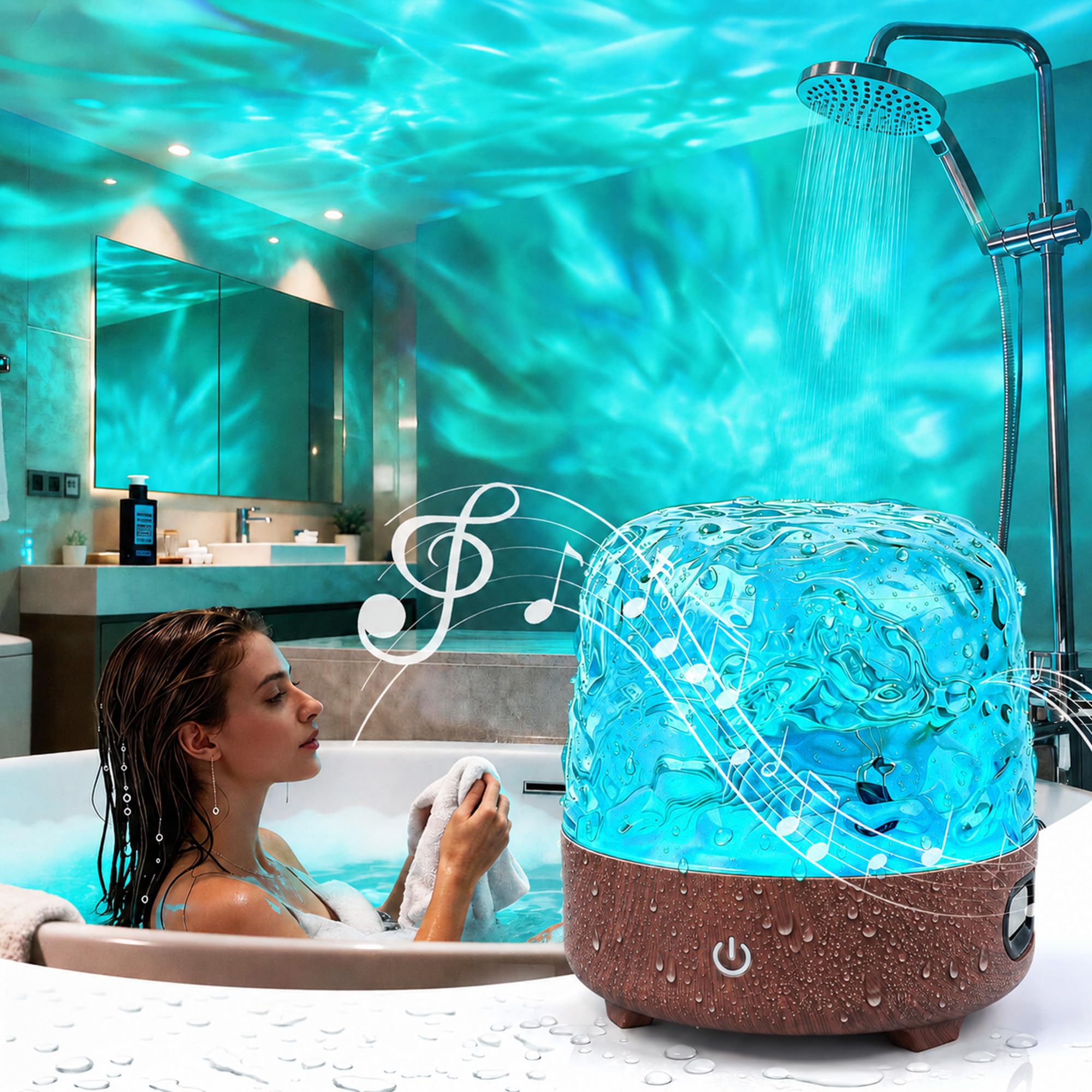 Waterproof Bluetooth Shower Lamp – 16-Color Ocean Wave LED Projector with Remote