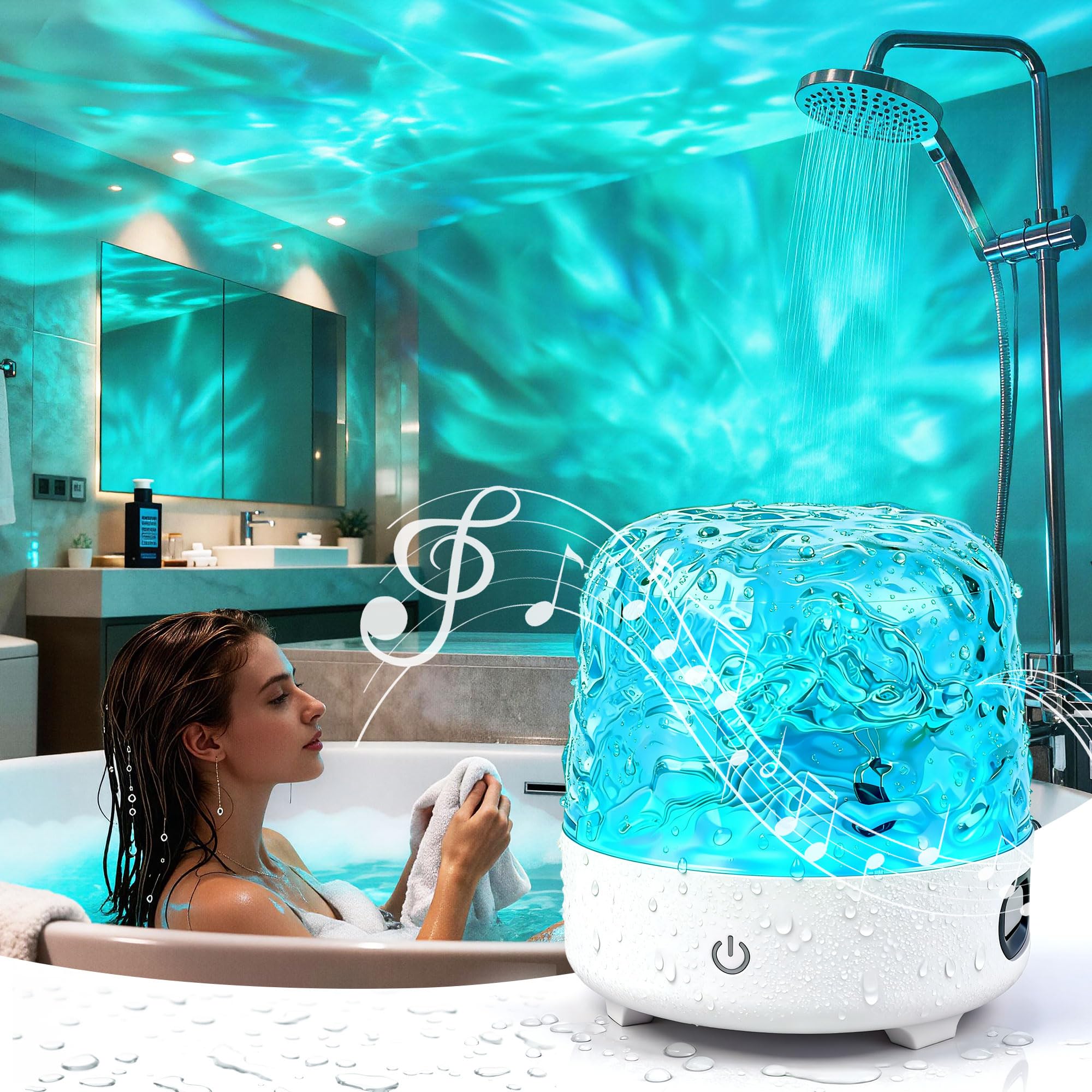 Waterproof Bluetooth Shower Lamp – 16-Color Ocean Wave LED Projector with Remote