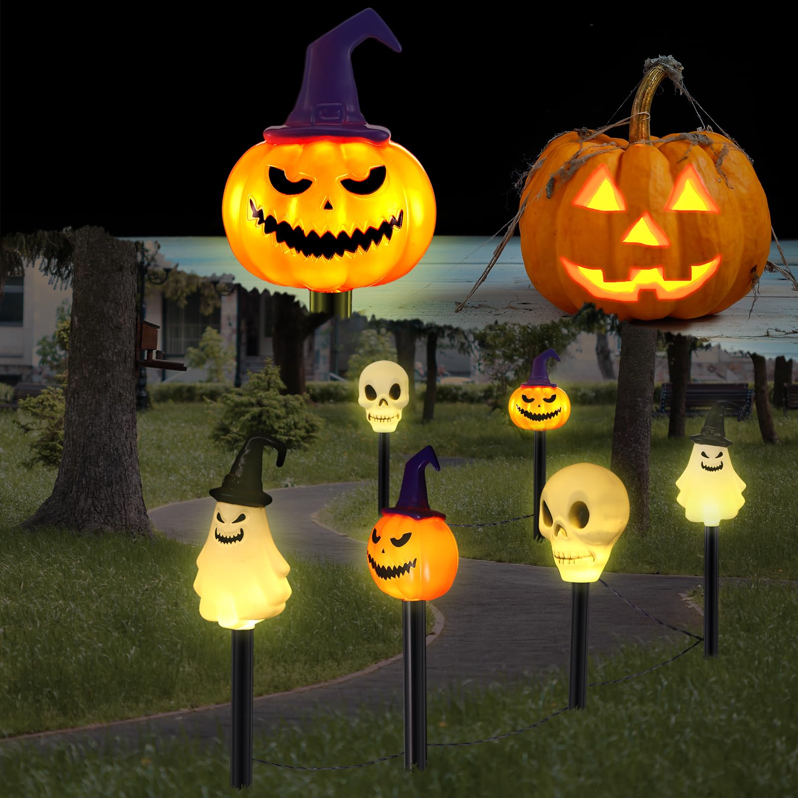 6-Pack Halloween Solar Stake Lights – Skull, Pumpkin & Ghost Outdoor Garden Decor