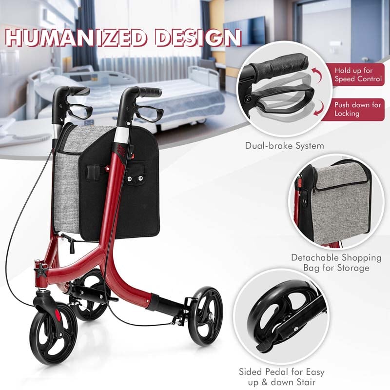 Eletriclife 3-Wheel Rolling Walker with Adjustable Handle Red