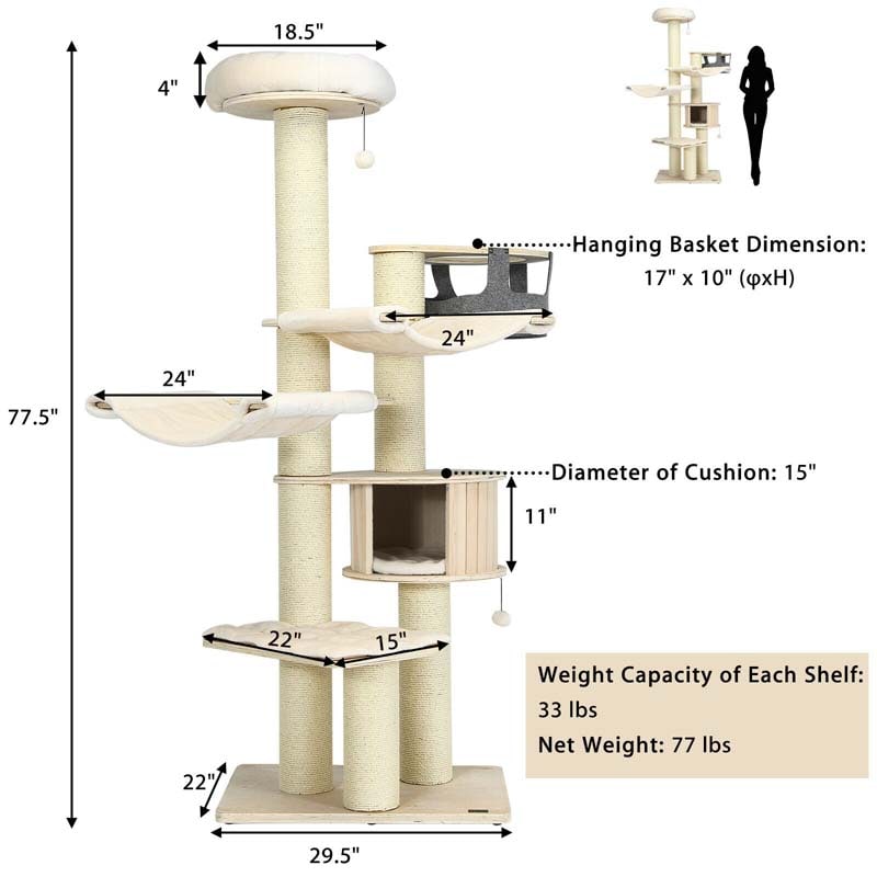 Eletriclife 77.5 Inch Cat Tree Condo Multi-Level Kitten Activity Tower with Sisal Posts