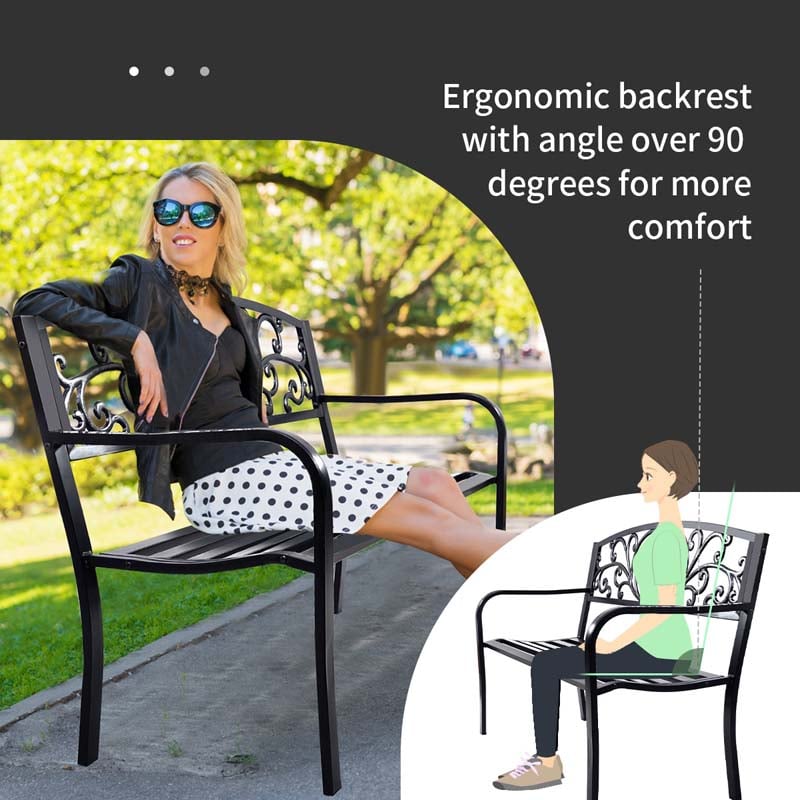 Eletriclife 50 Inch Patio Park Steel Frame Cast Iron Backrest Bench Porch Chair