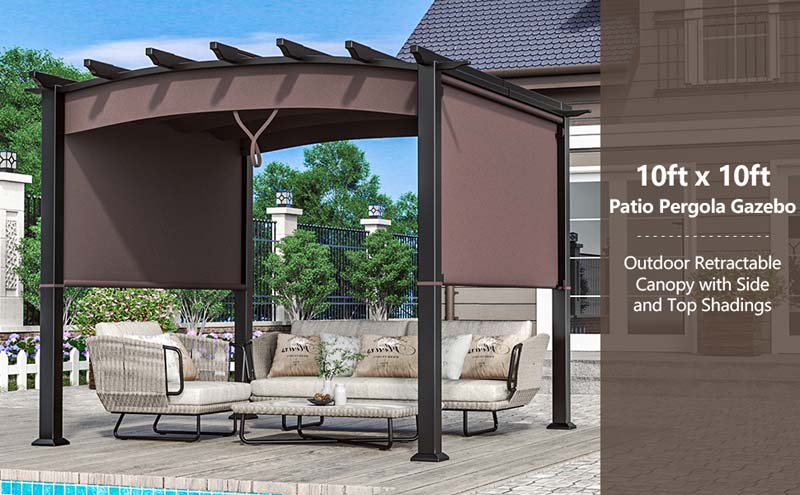 Eletriclife 10 x 10 Feet Patio Pergola Gazebo Sun Shade Shelter with Retractable Canopy