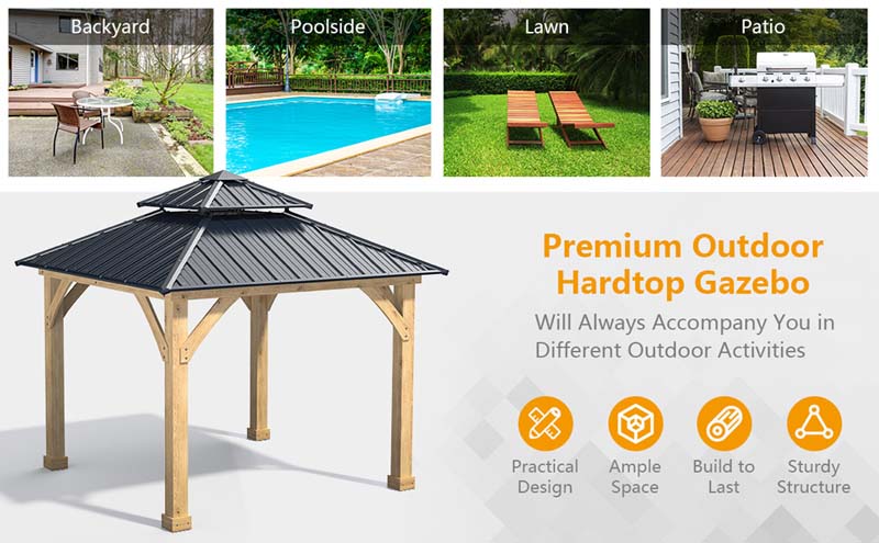 Eletriclife 10 x 10 FT Outdoor Patio Hardtop Gazebo with Double Steel Roof & Solid Wood Frame