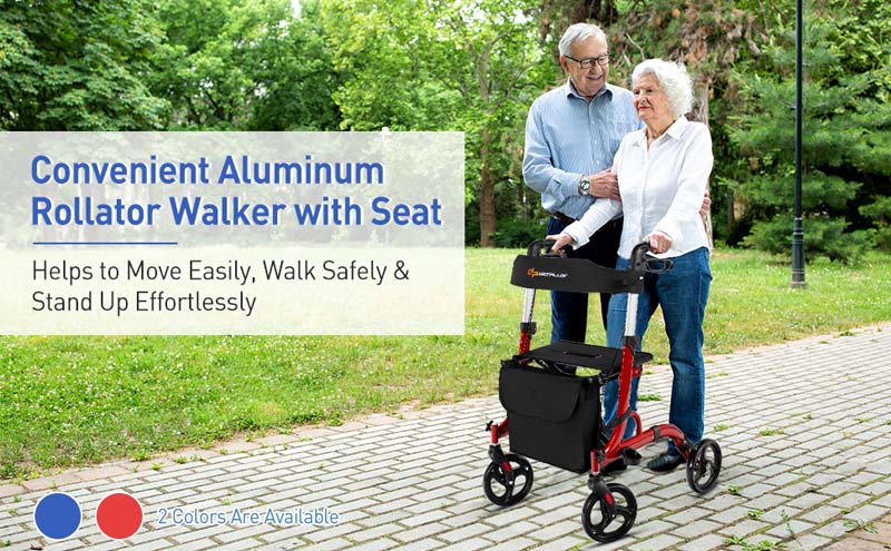 Eletriclife Folding Aluminum Rollator Walker with 8 inch Wheels and Seat