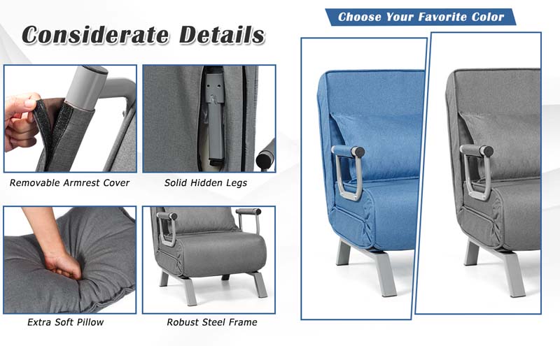 Eletriclife Folding 5 Position Convertible Sleeper Bed Armchair with Pillow