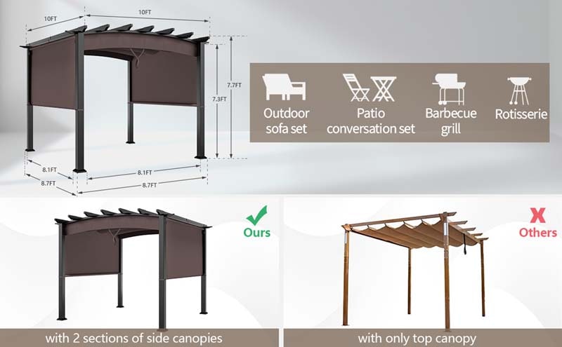Eletriclife 10 x 10 Feet Patio Pergola Gazebo Sun Shade Shelter with Retractable Canopy