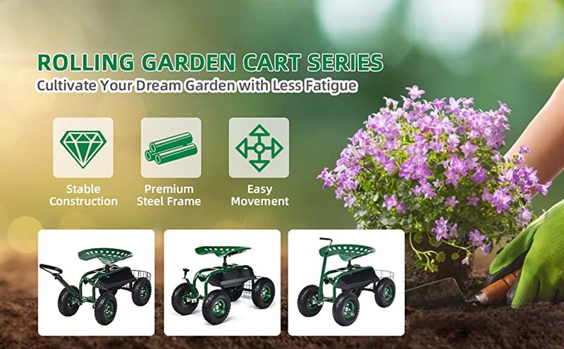 Eletriclife Heavy Duty Garden Cart with Tool Tray and 360 Swivel Seat