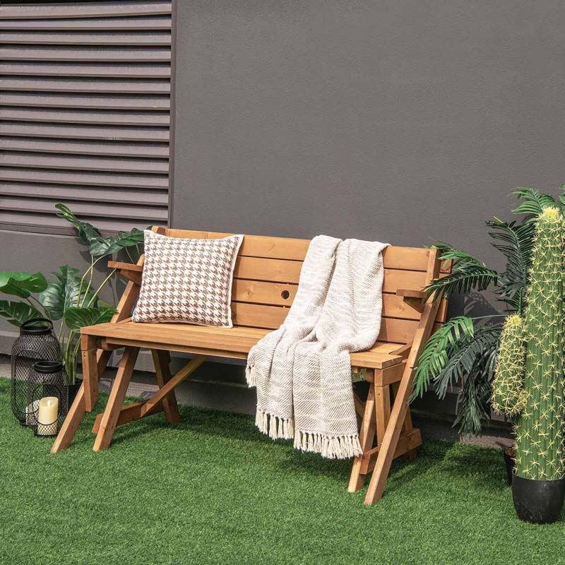 Eletriclife 2-in-1 Transforming Interchangeable Wooden Picnic Table Bench with Umbrella Hole