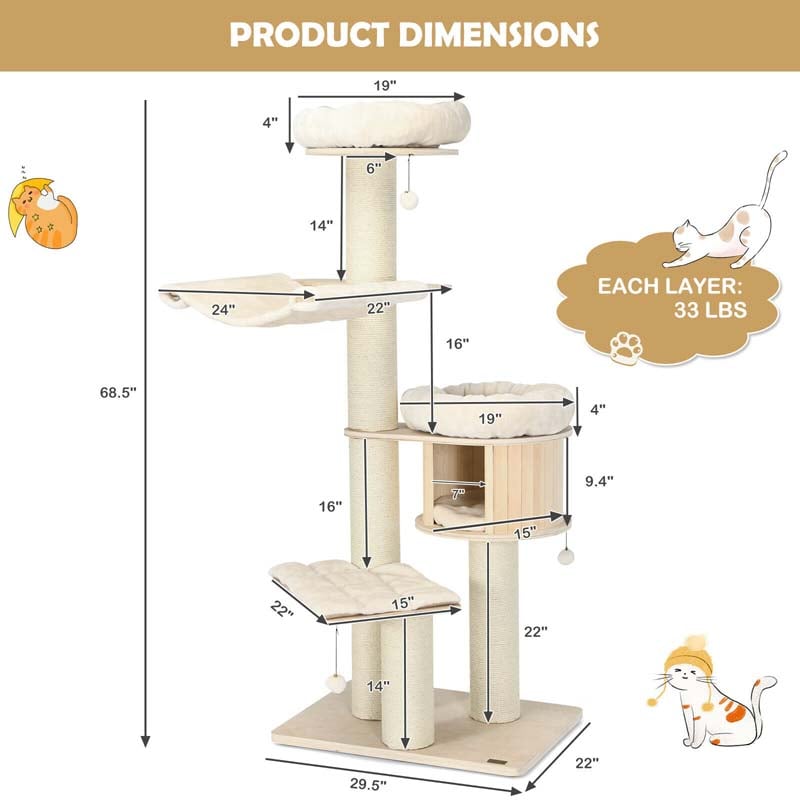 Eletriclife 68.5-Inch 4-Layer Wooden Cat Tree Condo Activity Tower with Sisal Posts