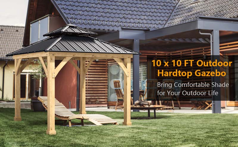 Eletriclife 10 x 10 FT Outdoor Patio Hardtop Gazebo with Double Steel Roof & Solid Wood Frame