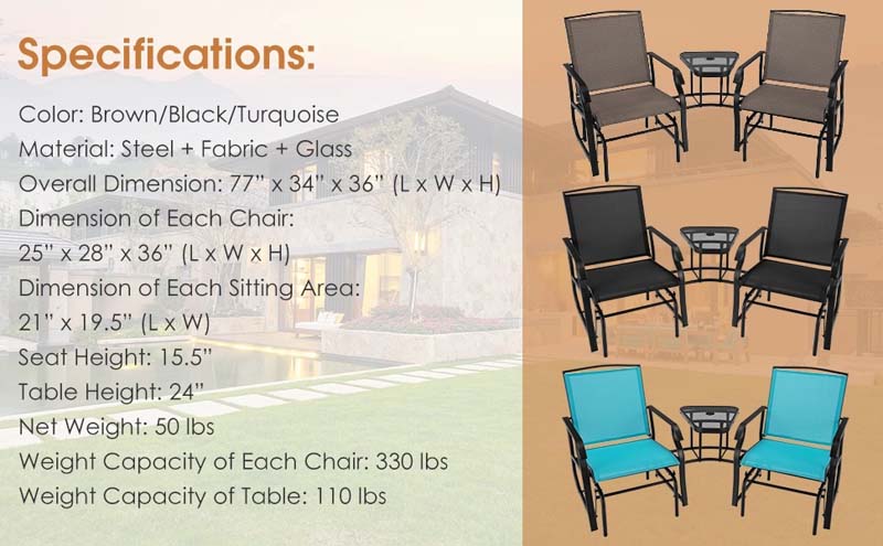 Eletriclife Double Swing Glider Rocker Chair set with Glass Table