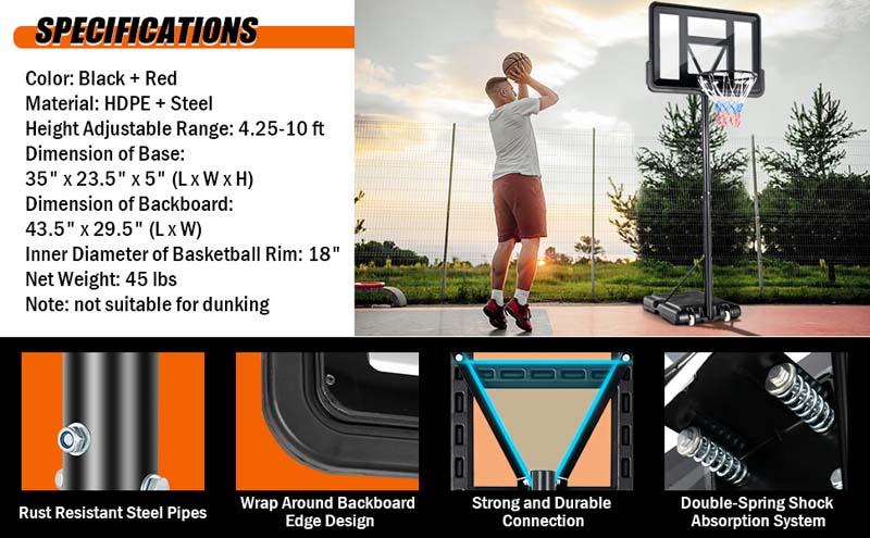 Eletriclife 4.5FT-10FT Height Adjustable Basketball Goal System with 44 Inch Shatterproof Backboard