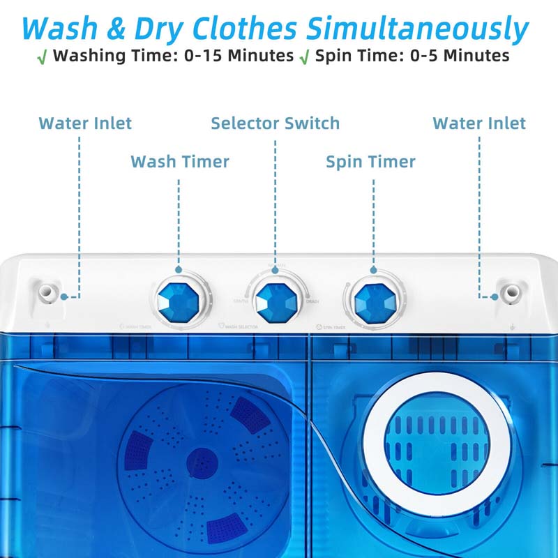 Eletriclife 26lbs Portable Semi-Automatic Twin Tub Washing Machine with Drain Pump