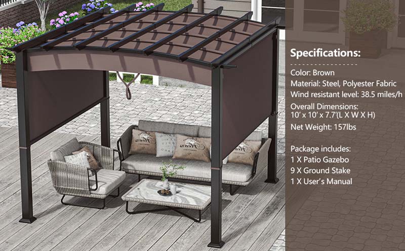 Eletriclife 10 x 10 Feet Patio Pergola Gazebo Sun Shade Shelter with Retractable Canopy