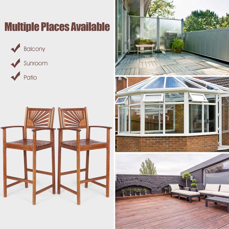 Eletriclife 2 Pieces Outdoor Acacia Wood Bar Chairs with Sunflower Backrest and Armrests