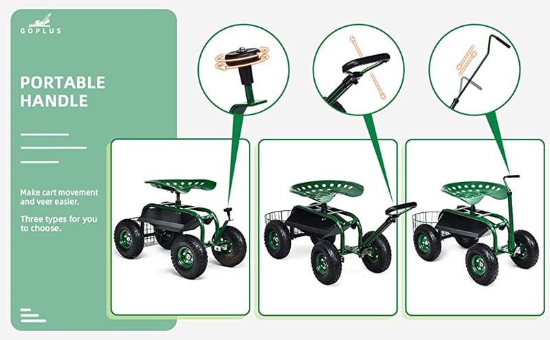 Eletriclife Heavy Duty Garden Cart with Tool Tray and 360 Swivel Seat