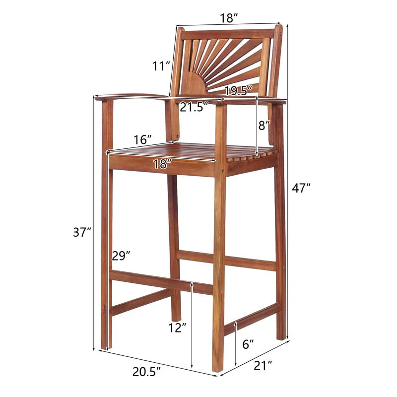 Eletriclife 2 Pieces Outdoor Acacia Wood Bar Chairs with Sunflower Backrest and Armrests