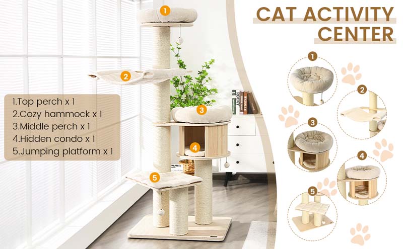 Eletriclife 68.5-Inch 4-Layer Wooden Cat Tree Condo Activity Tower with Sisal Posts