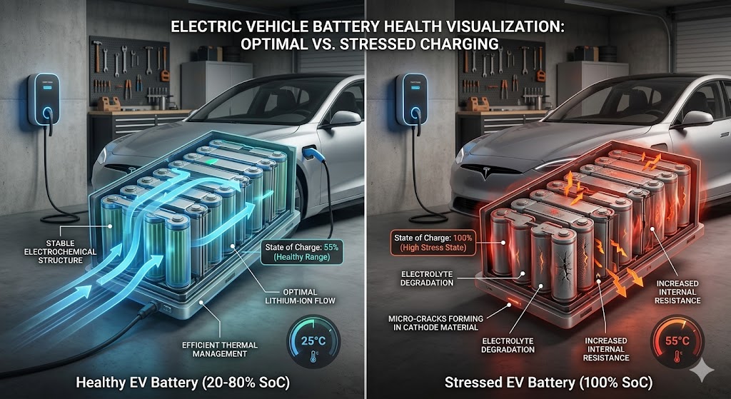 Cutaway of a battery cell during fast charging with heat maps and metallic lithium plating visible.