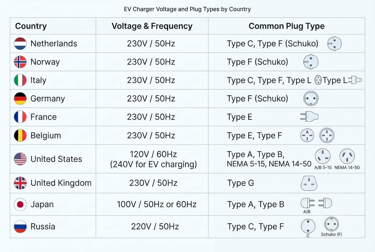 Pictures of voltage and plug types for different countries
