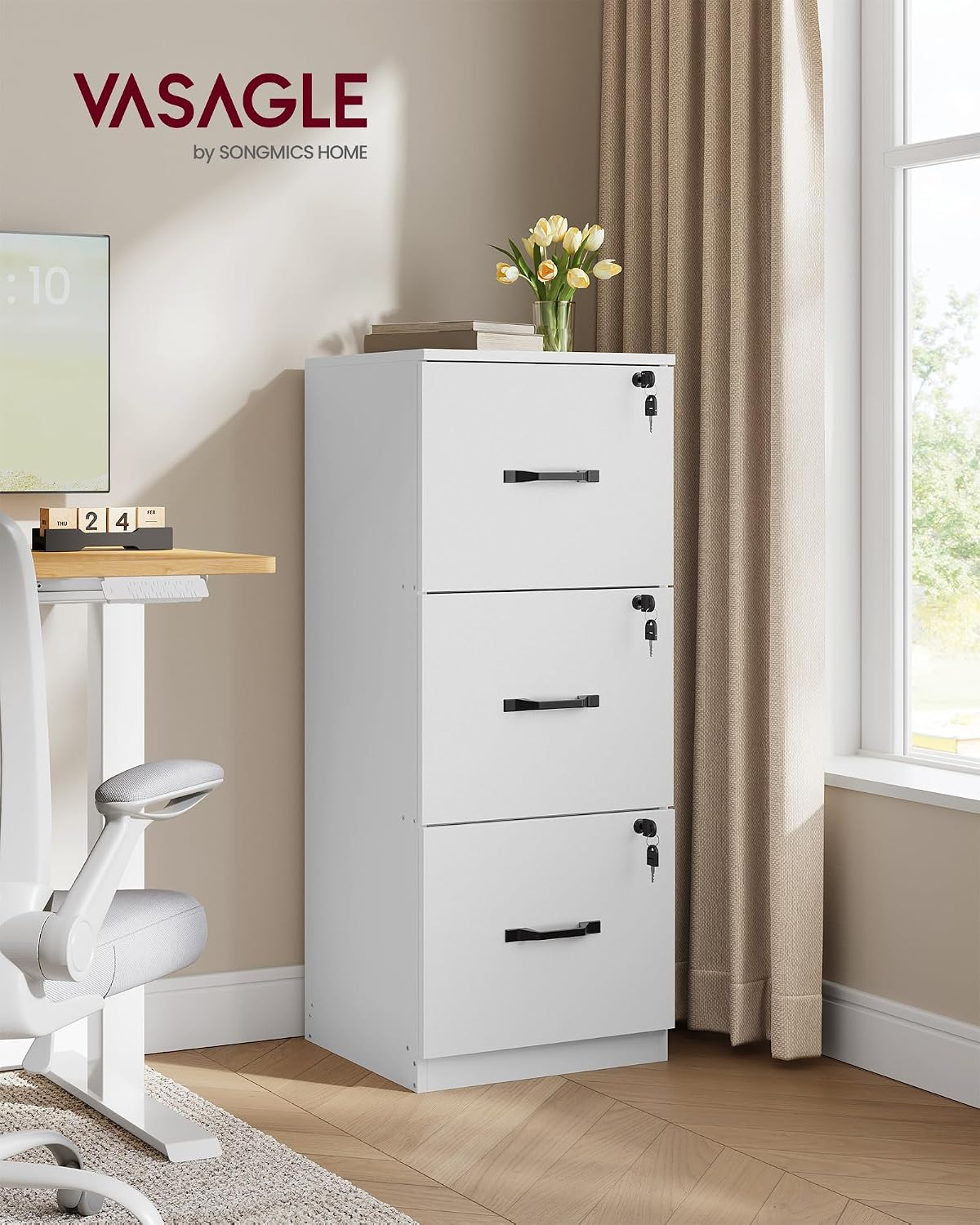 VASAGLE Archivador de 3 Cajones, Archivador con Cerradura, Soporte para Impresora, Archivos de Tamaño A4 y Carta, Blanco Nube MOFC055W14