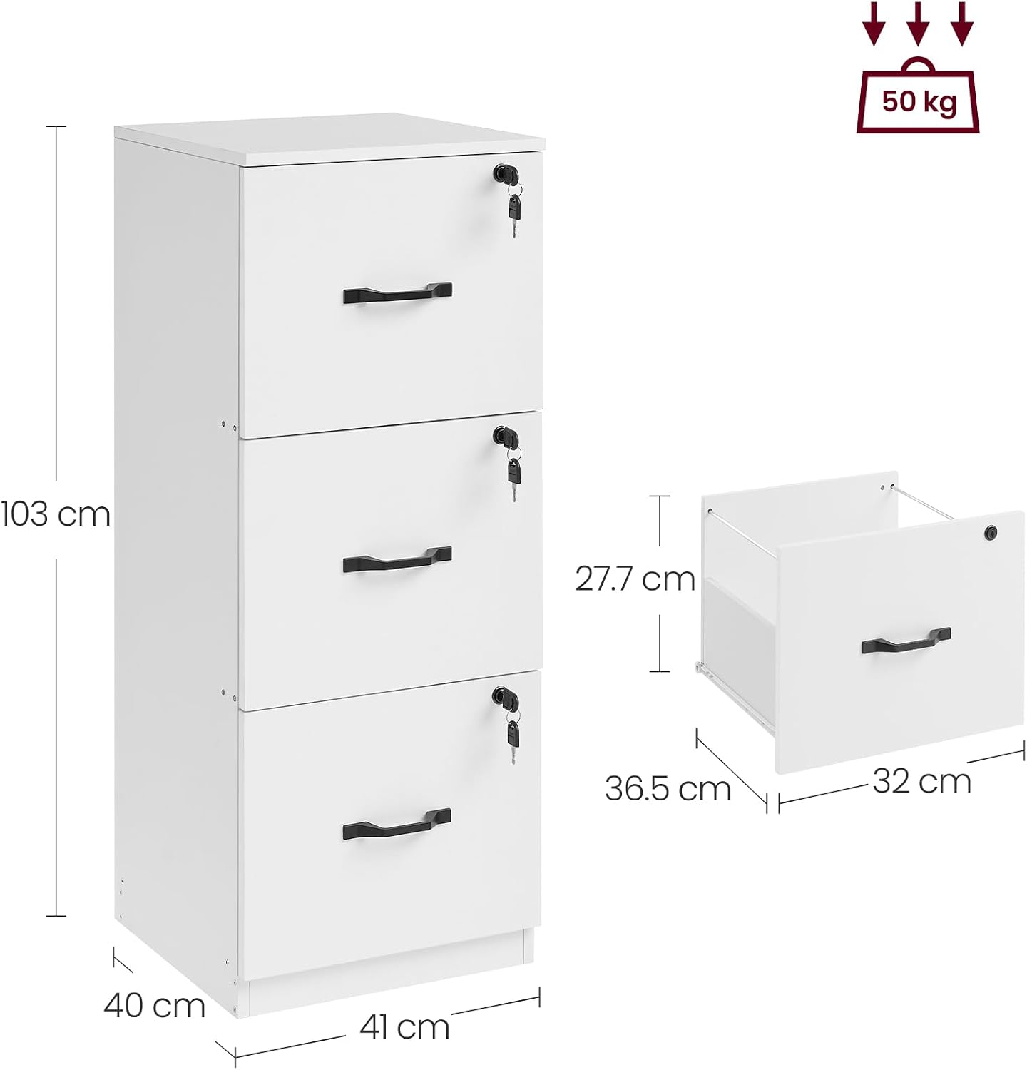 VASAGLE Archivador de 3 Cajones, Archivador con Cerradura, Soporte para Impresora, Archivos de Tamaño A4 y Carta, Blanco Nube MOFC055W14