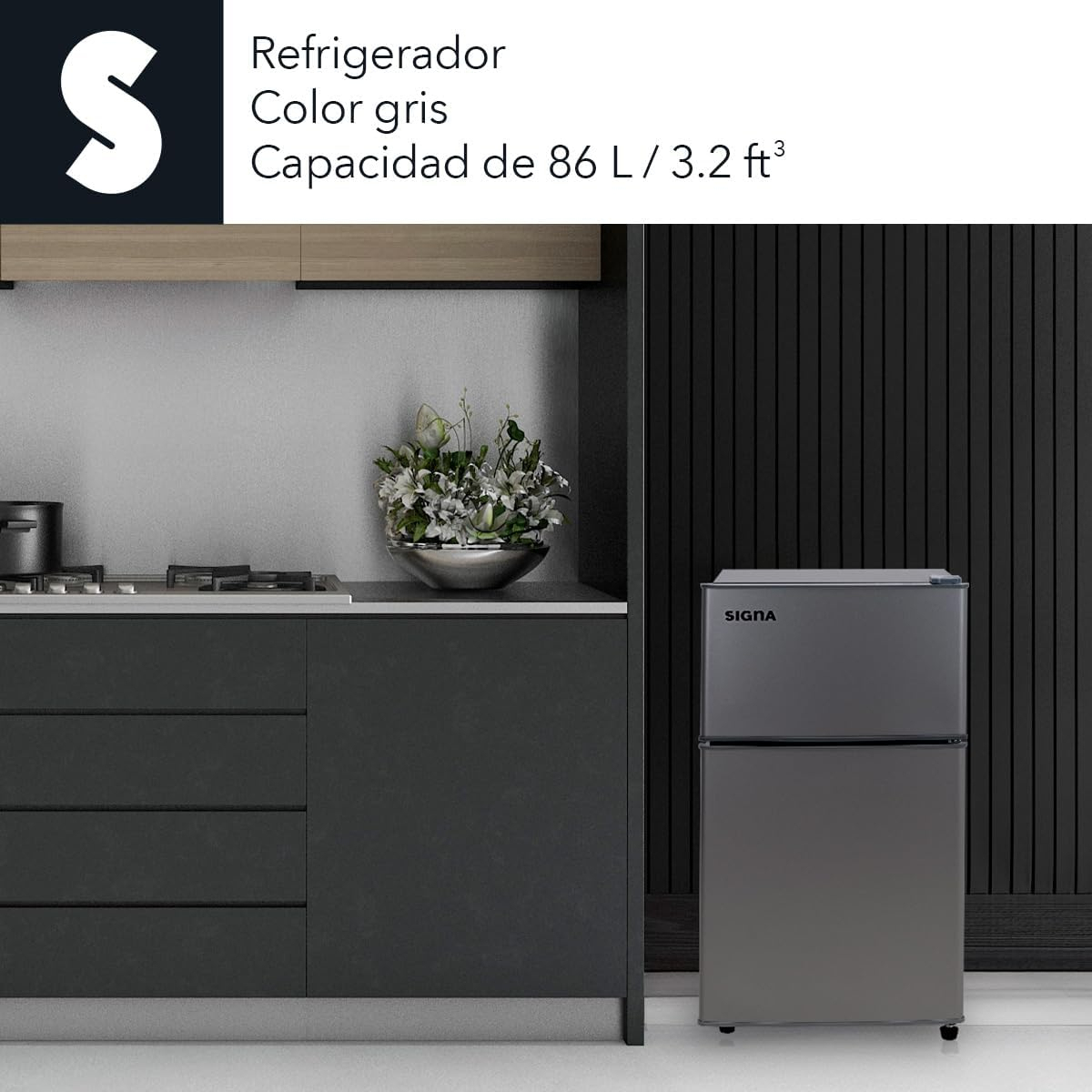 SIGNA Mini Refrigerador 86L (3 pies cubicos) Frigobar Compacto Silver Refrigerador Pequeño Con congelador de Acero Inoxidable Ideal Para Espacios Pequeños Frigobar Mini Multifuncional (Gris)