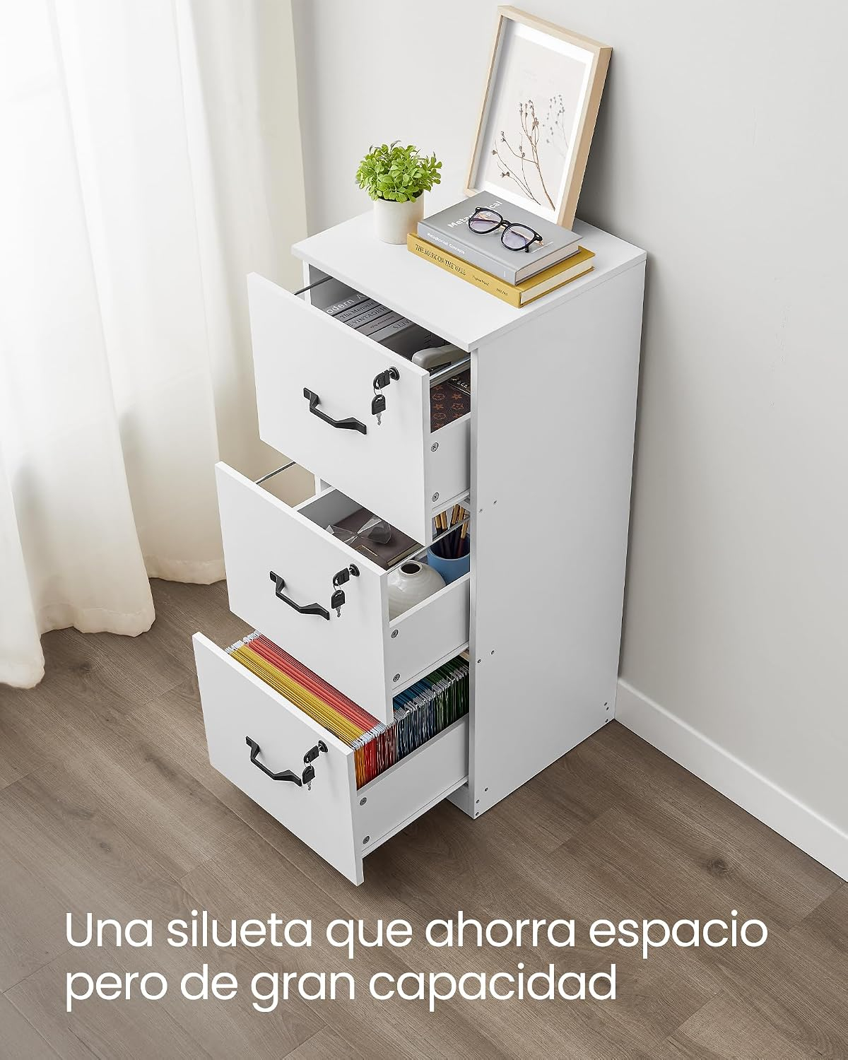 VASAGLE Archivador de 3 Cajones, Archivador con Cerradura, Soporte para Impresora, Archivos de Tamaño A4 y Carta, Blanco Nube MOFC055W14