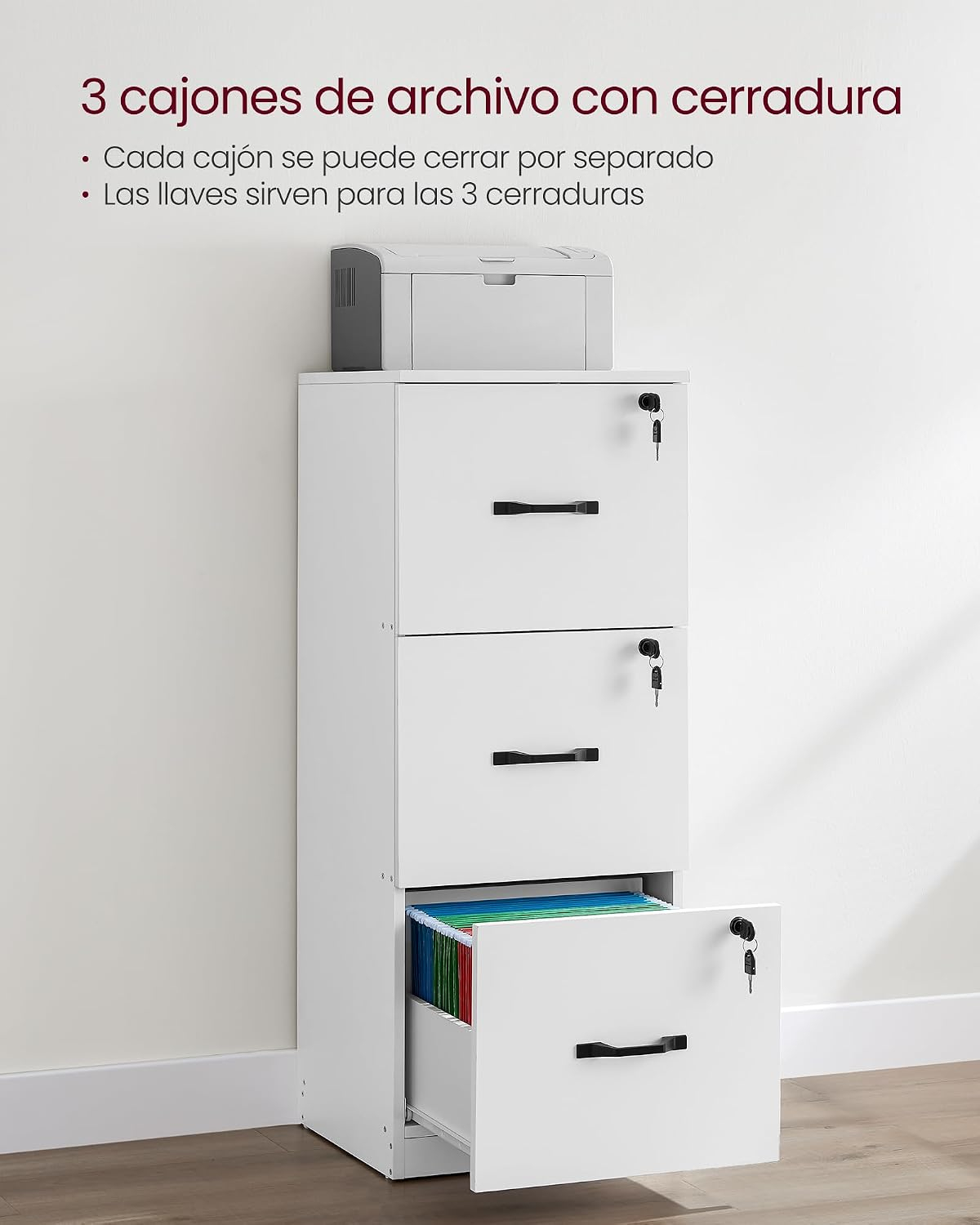 VASAGLE Archivador de 3 Cajones, Archivador con Cerradura, Soporte para Impresora, Archivos de Tamaño A4 y Carta, Blanco Nube MOFC055W14