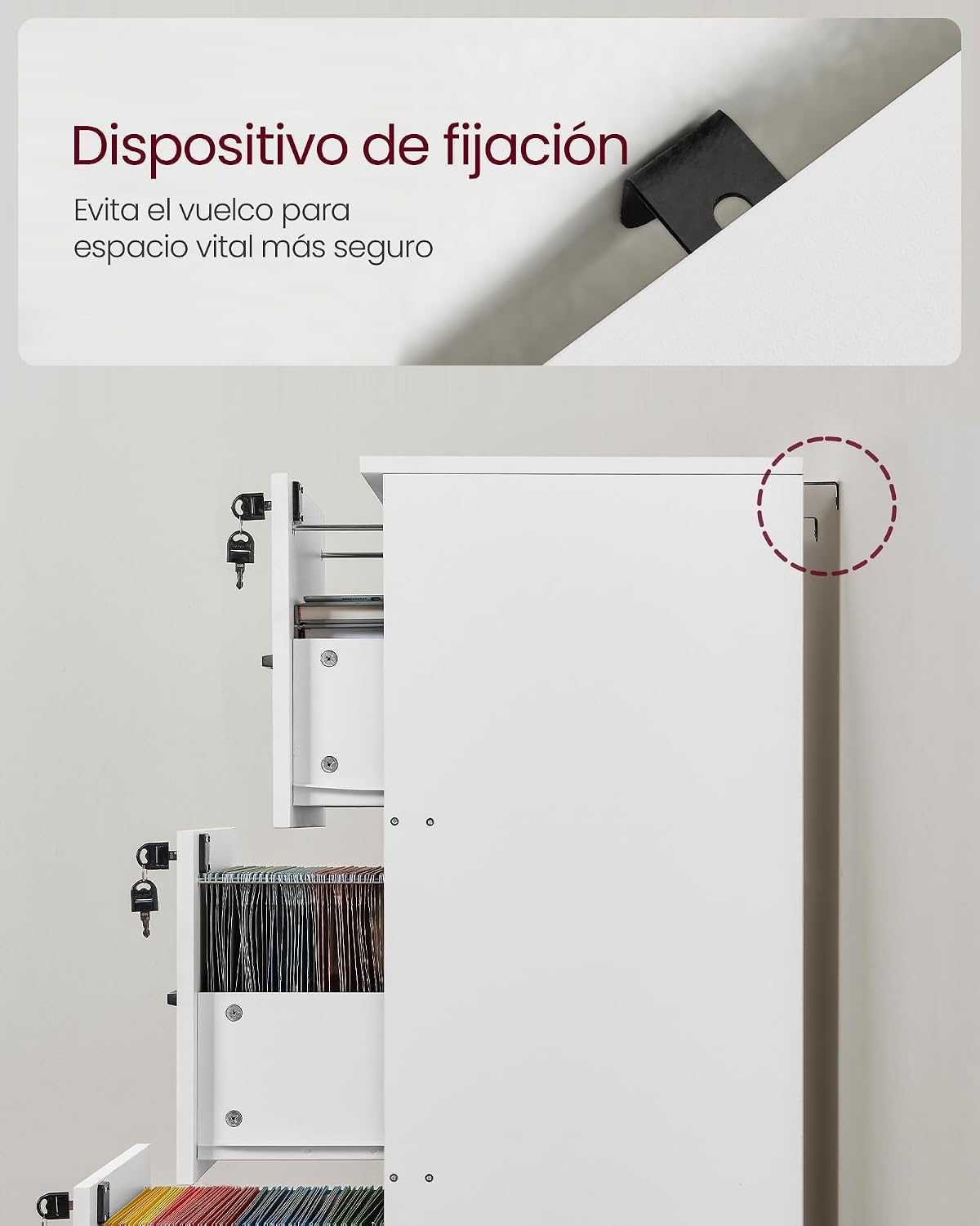VASAGLE Archivador de 3 Cajones, Archivador con Cerradura, Soporte para Impresora, Archivos de Tamaño A4 y Carta, Blanco Nube MOFC055W14